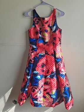 Adrianna Papell Coral and Blue Floral Fit-and-Flare Dress Perfect For Wedding